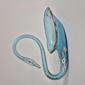 Vintage Blue Glass Swan Dish, Hand Painted Art Glass Bowl